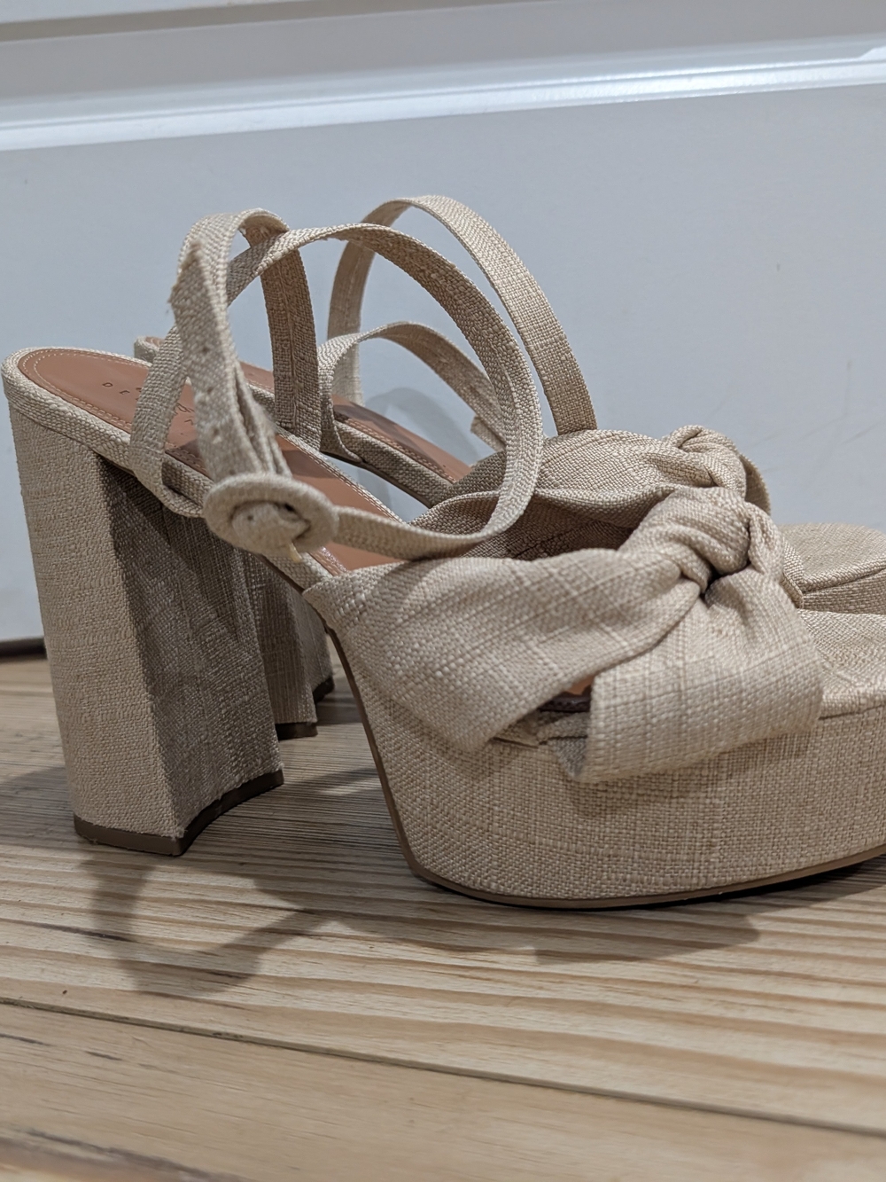 ASOS DESIGN Nude Linen Platform Block Heel Sandals Size 9.5 Ankle Strap - Picture 3 of 7